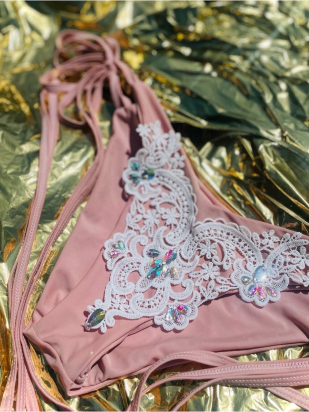 ZAFUL | L | Crochet Panel Rhinestone String Bikini Pink Beige White Bottoms - Picture 4 of 15